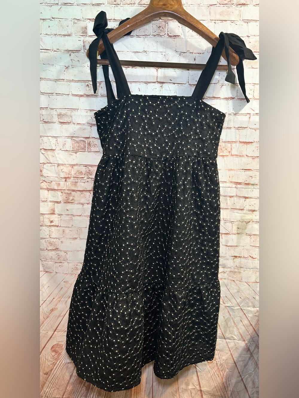 NWT THML Black Gold Metallic Embroidered Tie Strap Midi Dress Feminine Coquette - Picture 3 of 11